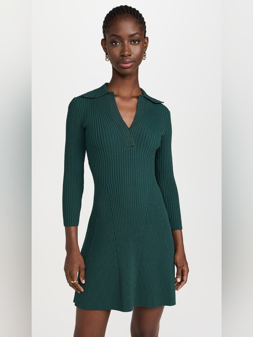 Shoshanna Forest Green Ribbed Polo V-Neck Long Sleeve Dress Size S